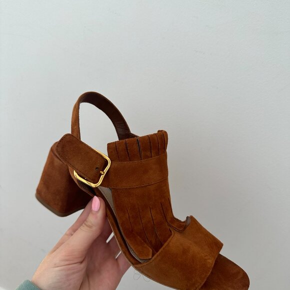 Prada Fringe Slingback Sandals Brown Suede Leather Chunky Block Heels Size 39 - Picture 6 of 13